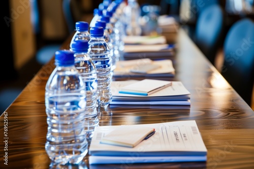 several water bottles and notepads arranged neatly on a long table
