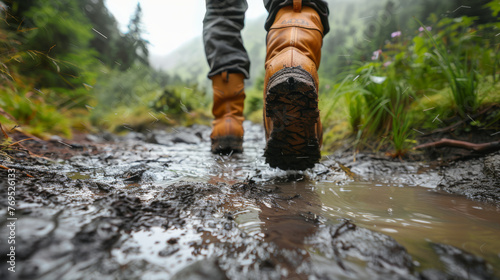 Hiking along a muddy path in the forest. A man in hiking boots walks along a muddy path in the rainforest with a beautiful forest in the background.