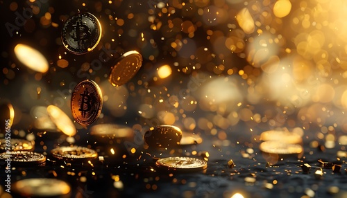 Gold coin shower in digital currency concept against dark backdrop