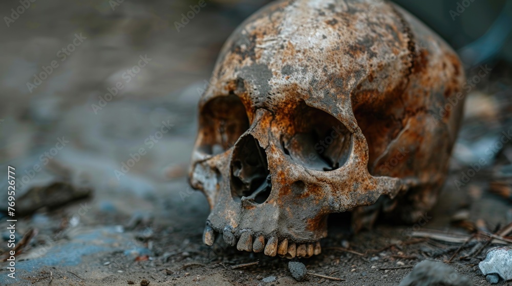 Close up old human skull on ground