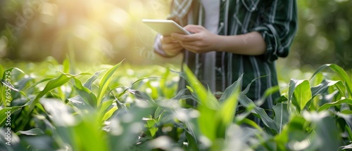 In this image, farmers use tablets to analyze data and experiment with growing corn. Artificial intelligence improves cultivation efficiency for quality. This is an analysis of farmer corn farming