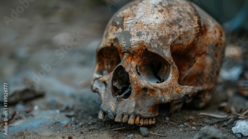 Close up old human skull on ground © romanets_v