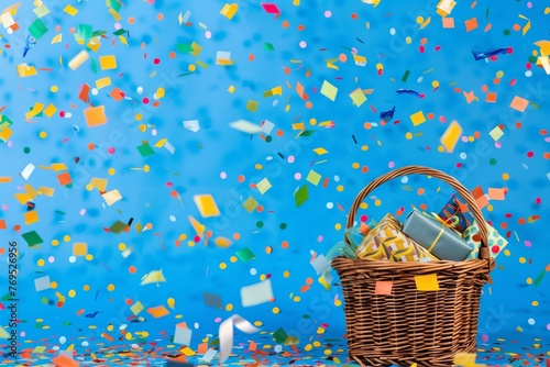 wicker basket with gifts surrounded by confetti on a blue backdrop