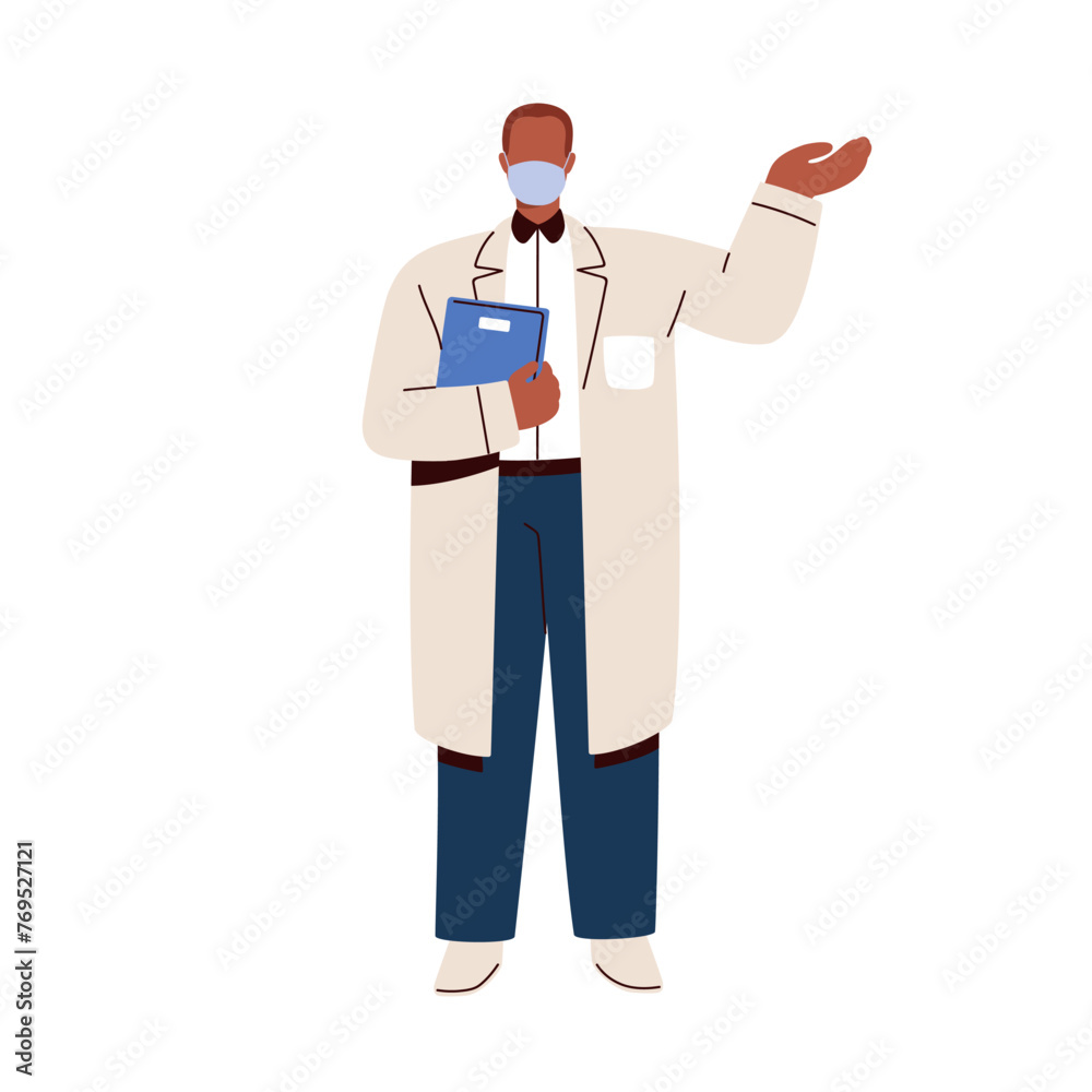 Doctor showing, advertising with hand gesture. Medic, healthcare specialist, practitioner in hospital coat standing and presenting something. Flat vector illustration isolated on white background - obrazy, fototapety, plakaty 