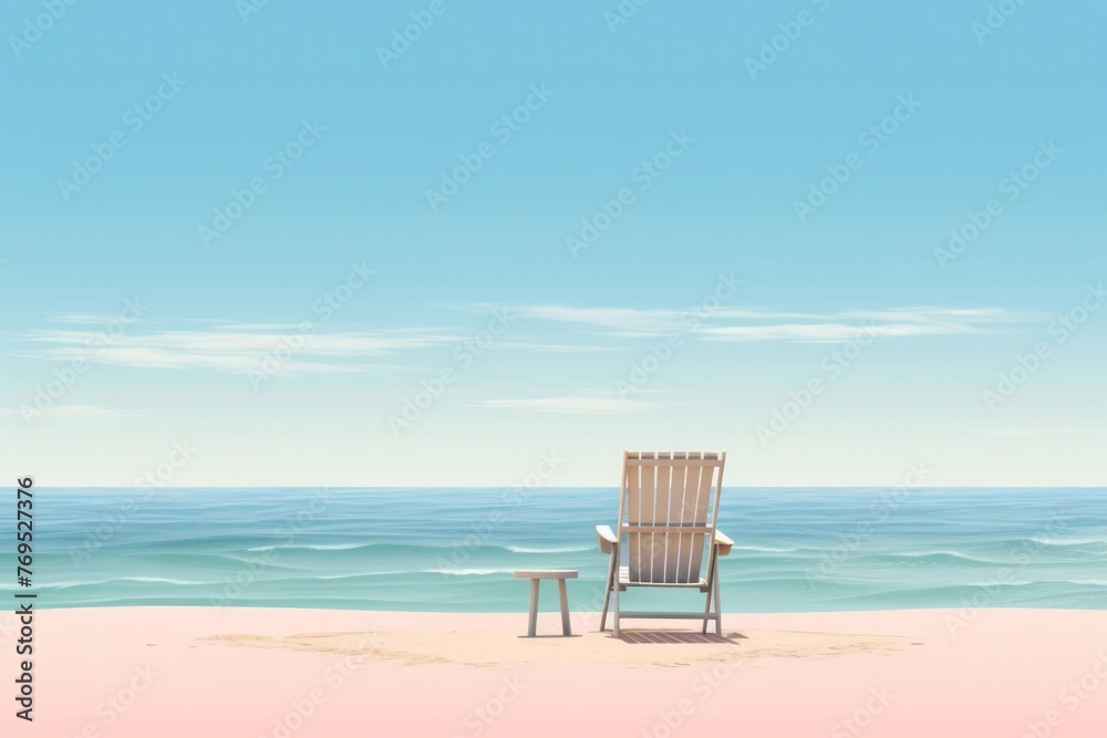 A minimalist illustration features a solitary beach chair facing the ocean horizon, inviting relaxation and tranquility in travel