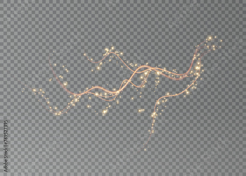 Holiday decor element in the form of a glowing sakura branch. Abstract glowing dust. Christmas background made of luminous dust. Vector png. Floating cloud of holiday bright little dust. 