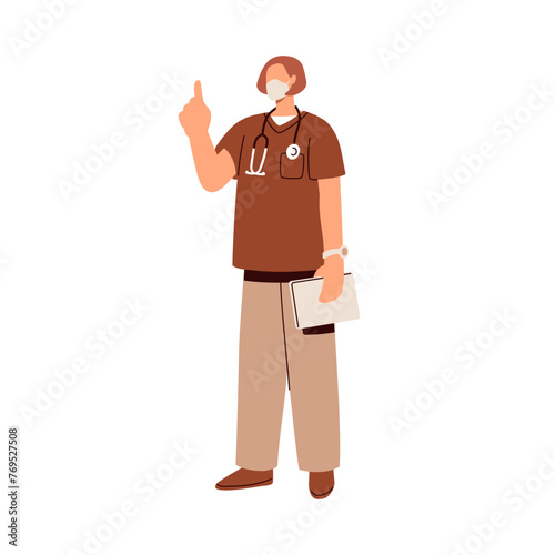 Medic, doctor pointing with finger up. Physician, general practitioner in medical scrubs gesturing with hand, advising and recommending. Flat graphic vector illustration isolated on white background