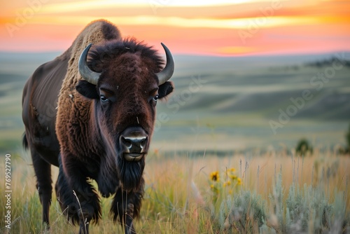 bison standing in grassland, sunset hues above © primopiano