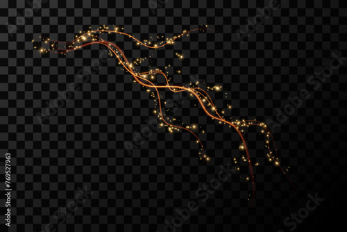 Holiday decor element in the form of a glowing sakura branch. Abstract glowing dust. Christmas background made of luminous dust. Vector png. Floating cloud of holiday bright little dust. 