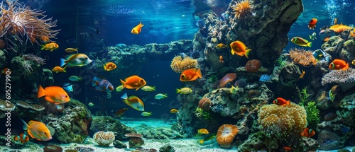 Aquarium oceanarium wildlife colorful marine panorama landscape nature snorkel diving underwater tropical sea fishes on coral reef.