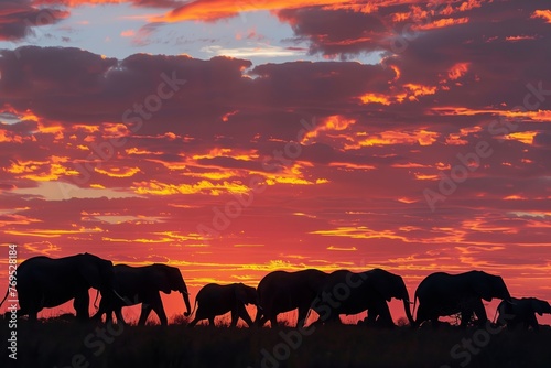 elephant herd walking with a fiery sunset backdrop