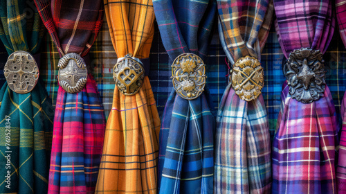 Traditional tartan patterns on Scottish kilts with ornate brooches representing Celtic heritage