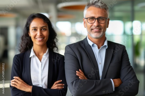 Portrait of smiling mature Latin or Indian business man and European business woman standing arms crossed in office. Two diverse colleagues. Group team of confident professional business people.