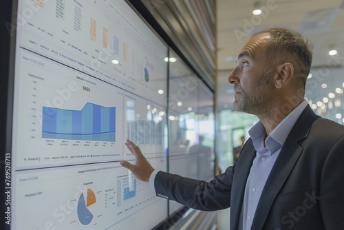 Business Executive Analyzing Financial Data on Screen. Focused business executive analyzes comprehensive financial data displayed on a large interactive screen in a modern office.