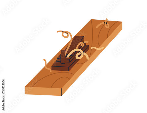 Wood plank planer, hardwood and shavings. Carpenters tool for woodwork, carving. Carpentry machine, manual carver for timber processing, sawdust. Flat vector illustration isolated on white background
