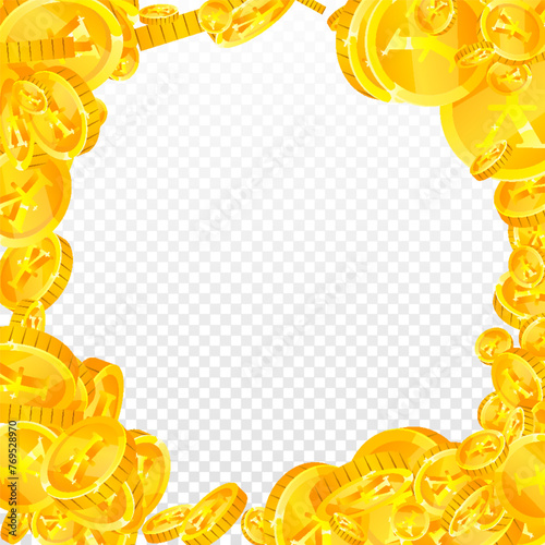 Japanese yen coins falling. Scattered gold JPY
