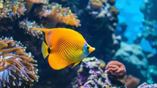 Yellow butterfly fish swim in the blue sea, colorful coral reefs on both sides, high definition photography photos in the style of nature © Xabi