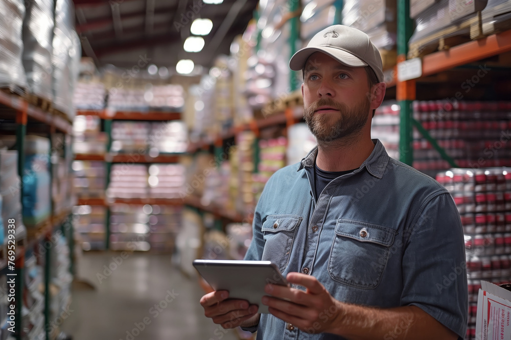 Focused Warehouse Manager with Tablet in Industrial Setting. Male warehouse manager wearing a cap and denim shirt uses a tablet in an industrial storage facility. Focused Warehouse Manager with Tablet in Industrial Setting. Male warehouse manager wearing a cap and denim shirt uses a tablet in an industrial storage facility.