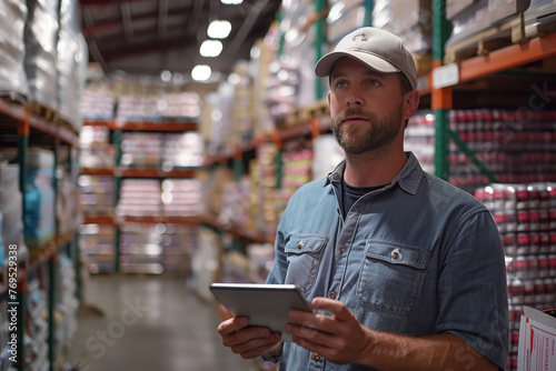 Focused Warehouse Manager with Tablet in Industrial Setting. Male warehouse manager wearing a cap and denim shirt uses a tablet in an industrial storage facility.