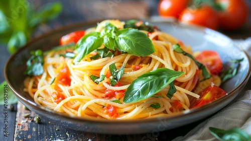Plate of Spaghetti With Basil and Tomatoes