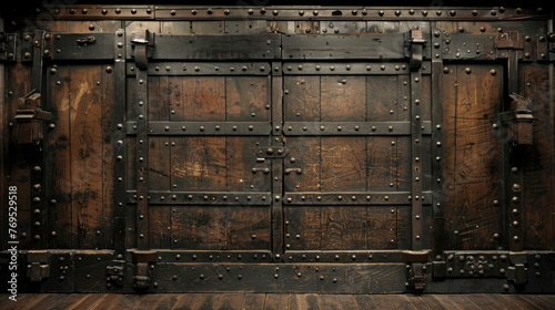 A wooden door with metal hinges and a metal lock. The door is old and has a rustic appearance
