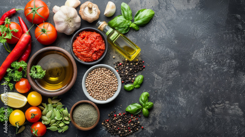 A variety of vegetables and spices are displayed on a countertop. Concept of abundance and variety  as there are many different types of vegetables and spices  including tomatoes  basil  garlic