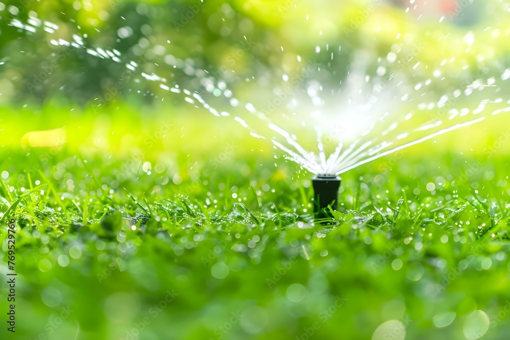 Efficient Lawn Irrigation with Automatic Sprinkler System and Adjustable Heads to Promote Water Conservation. Concept Lawn Irrigation, Automatic Sprinkler System, Adjustable Heads - obrazy, fototapety, plakaty 