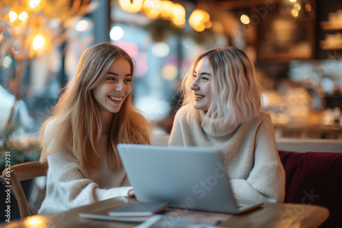 Two joyful young women enjoying a conversation while sitting with a laptop in a cozy cafe illuminated by warm lights.
