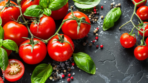 A bunch of ripe red tomatoes and basil leaves on a black counter. The tomatoes are arranged in a way that they are almost touching each other. The basil leaves are scattered around the tomatoes