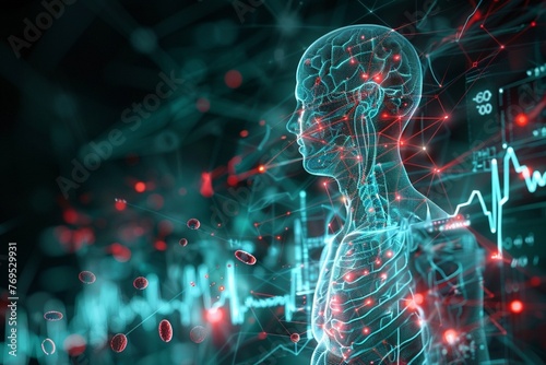 Human respratiory system with ecg graph. 3d illustration