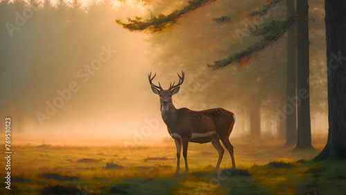 Majestic Deer Scouting Over Field In A Sunset, Cinematic Wildlife Style, Copy Space For Text Or Logo Etc. 16:9 300 DPI Wallpaper Background © Torben Iversen