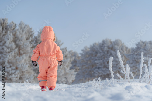 A little girl of 4-6 years old in a pink jumpsuit, standing with her back to the camera, looks at the winter pine forest