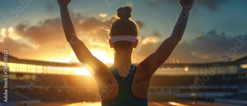 A former athlete raises her arms in the direction of beautiful glowing sunlight in this rear view image of sport and life achievements and success.