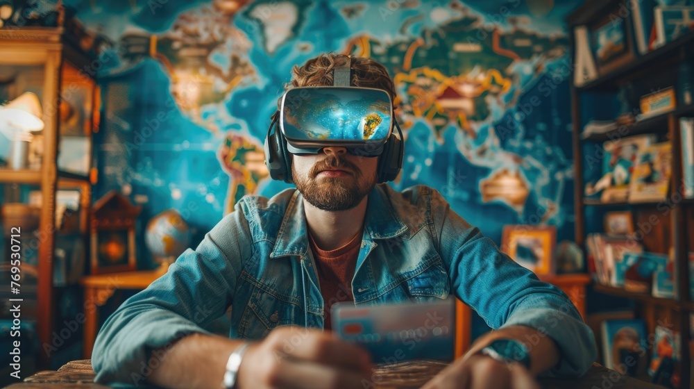 A young man sits in front of a world map, immersed in a virtual reality experience, possibly exploring distant lands and cultures.
