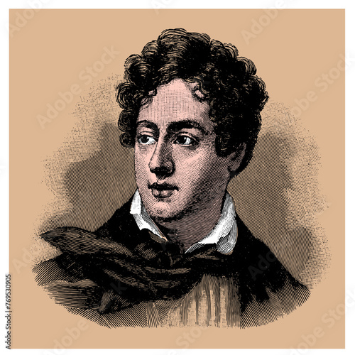 lord Byron, colored vector illustration from old engraving from Meyers Lexicon published 1914 in Leipzig photo
