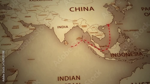 An animated depiction of an ancient map showcasing the Chinese voyage to the Strait of Hormuz passing through the Strait of Malacca, brimming with travel, adventure, and the spirit of discovery	 photo