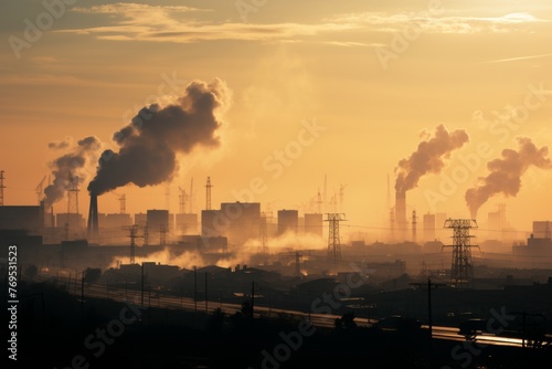 a golden sunset casting light on industrial smokestacks emitting plumes of smoke, showcasing the interplay between nature s beauty and industrial influence.