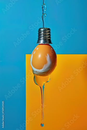 Lightbulb with egg yolk inside of it. Art installation design for Easter celebration. Generative Ai photo