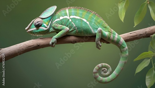 A Chameleon Clinging To A Tree Branch With Its Pre
