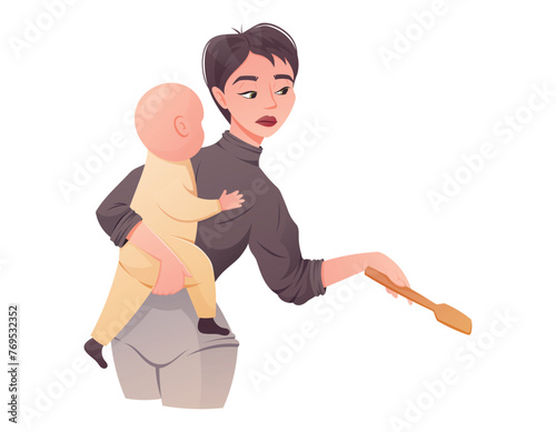 Young tired woman mother holding baby in her arms while cooking. Difficulties of motherhood, household chores, vector isolated cartoon illustration.