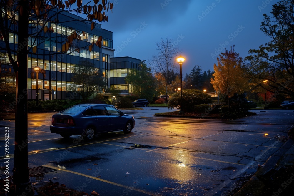 parking lot view, one car left, lit office in background