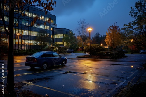 Obraz na płótnie parking lot view, one car left, lit office in background w salonie