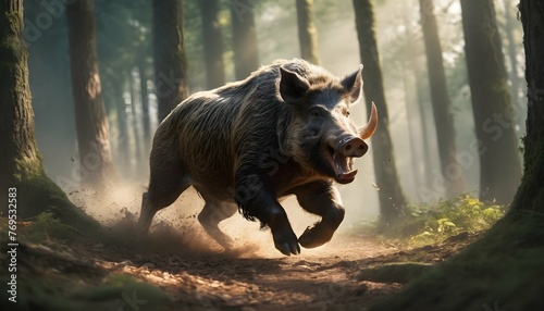 A Fierce Boar Charging Through A Forest Its Tusks