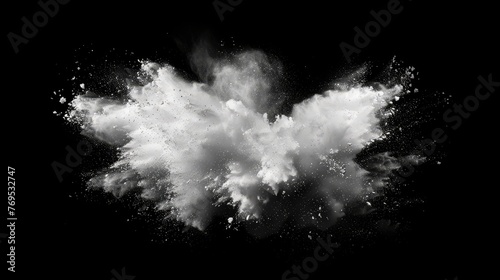 On a dark background, an abstract white powder snow cloud explosion is depicted