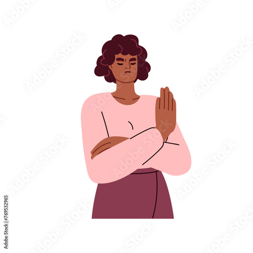 Woman saying no, stop, refusing with hand gesture. Person declining, rejecting. Dislike, refusal, disapproval and disgust expression. Flat graphic vector illustration isolated on white background