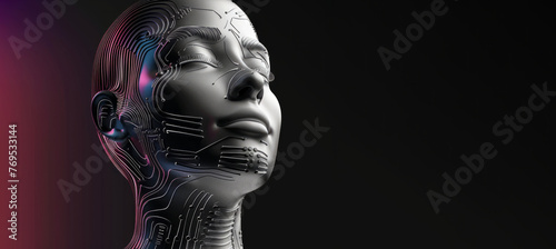 A woman's face is shown in a computer generated image. The face is made up of many small dots, giving it a futuristic appearance. The woman is looking up, with her eyes closed. AI woman