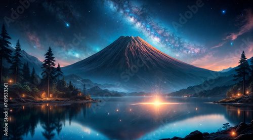 Night landscape overlooking the volcano