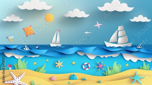 A sea view with water play equipment set up on the beach in summer. The blue sea is in the background. The sea is in the foreground. Modern illustration.