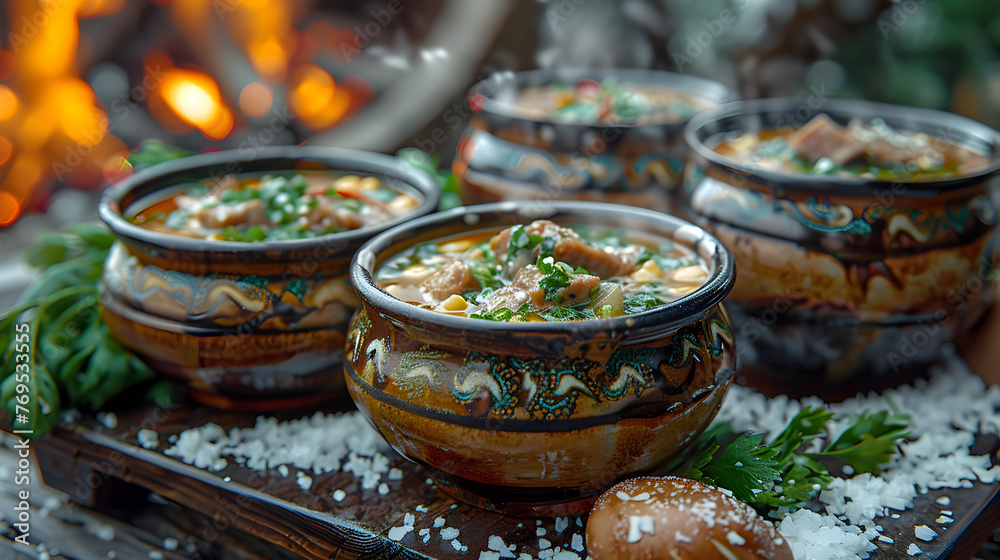 Meat Soup on Decorated Table Meat Soup on Decorated Table