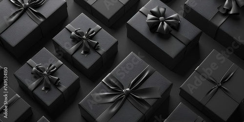 black gift boxes with black ribbon bow tag isolated on black background 